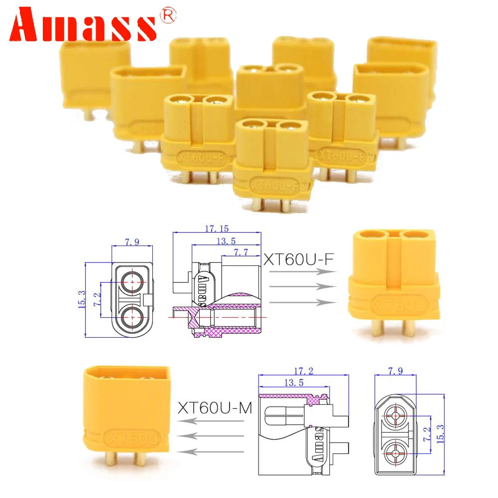 XT60U разъемы Amass штекерные гнездовые для аккумулятора Lipo (модернизированный