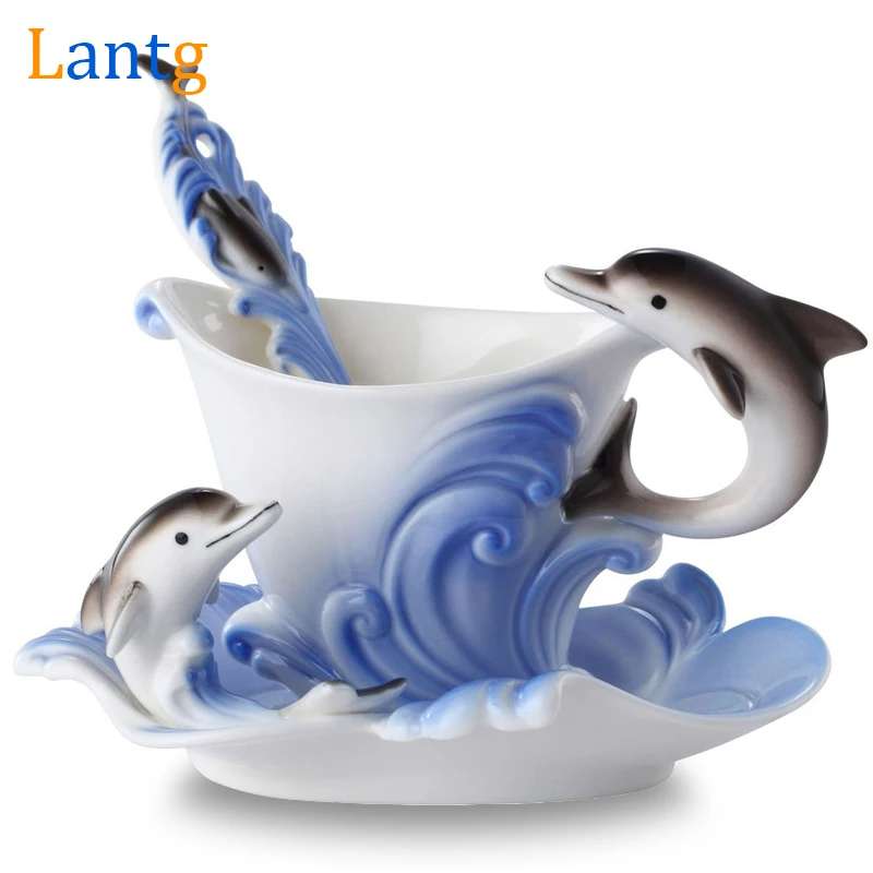 Цветная эмалированная кофейная чашка фарфоровые креативные кружки с дельфином в