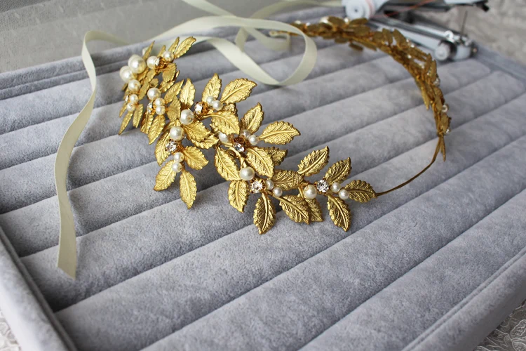 

Baroque Jewelry New Vintage Gold Leaf Pearl Headband Hair Accessories Bridal Headwear Party Wedding Hair Jewelry For Brides O502