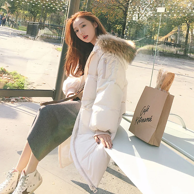 Зимнее пуховое пальто с капюшоном и меховым воротником Длинная теплая Женская