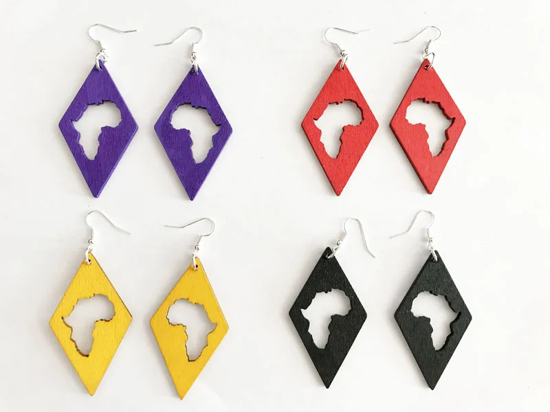 Деревянные серьги в виде Африканской карты 4 цвета 60 мм|wooden earrings|african wooden earringswooden