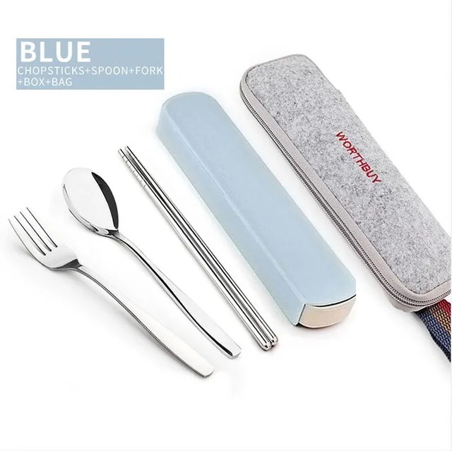 Blue 4 Set With Bag Портативный набор посуды, китайская посуда из нержавеющей стали с коробкой для малыша, набор посуды для пикника, кухонные аксессуары - Цвет: Blue 4 Set With Bag