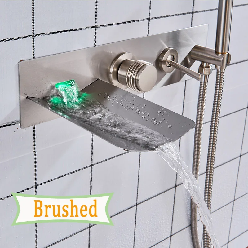 Brushed Nickel Хромированный кран для ванной комнаты, никелевый светодиодный кран-водопад, настенный кран с двумя ручками, простая установка, смеситель для горячей и холодной воды - Цвет: Brushed Nickel