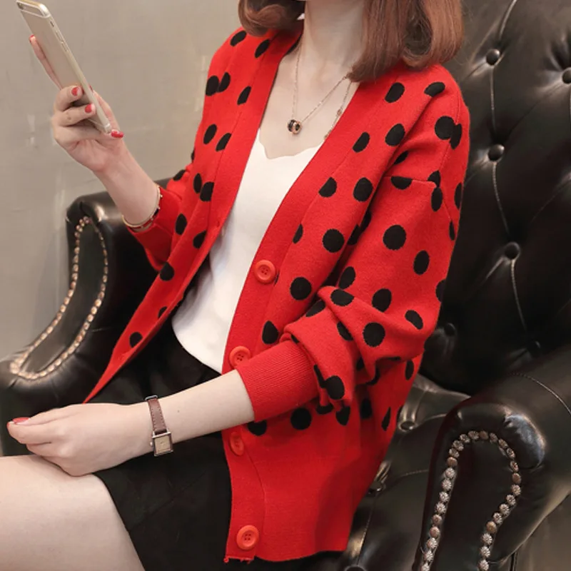 Korean Autumn 2018 Preppy Button Cardigan Women Polka Dot V-neck Sweet Girl Lady Knitted Mujer Clothes Sweater |