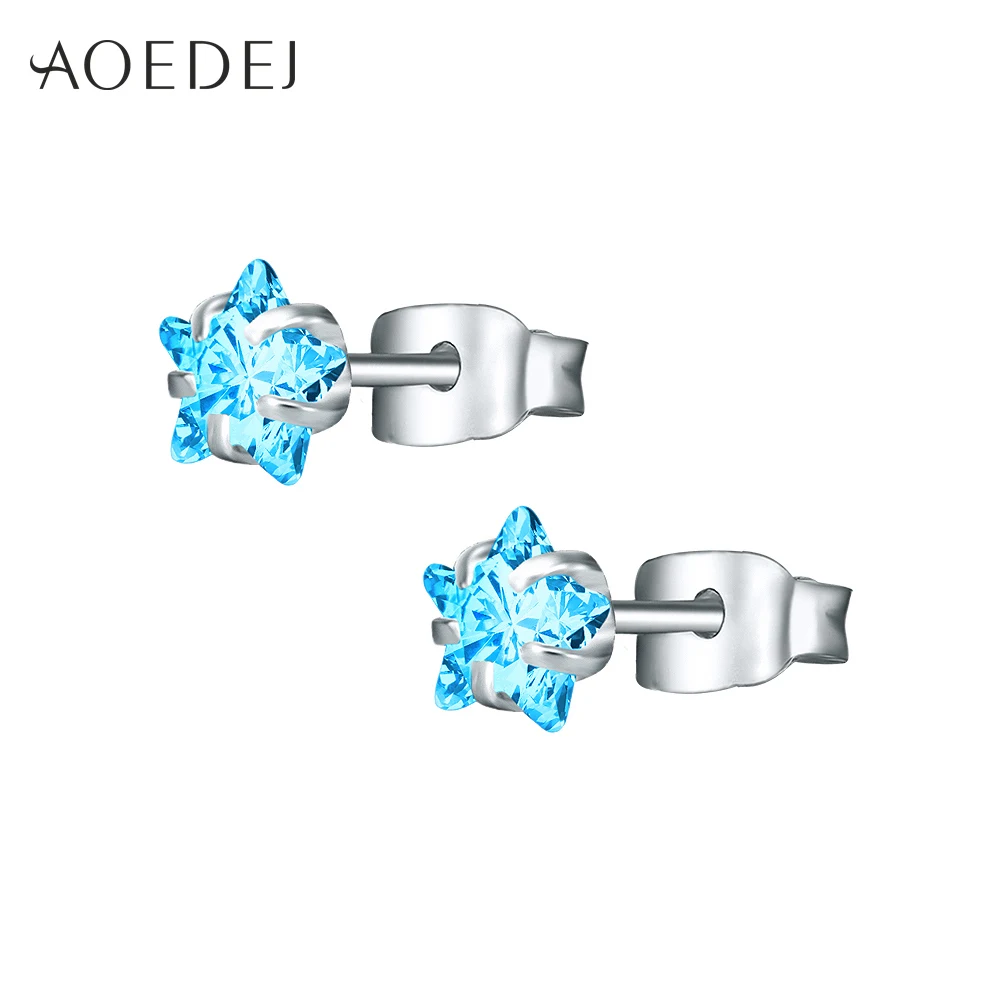 AOEDEJ 3-8 мм Золотая Звезда Серьги гвоздики из нержавеющей стали сережки со стразами розовые для женщин девушки сердце серьги цветные - Окраска металла: Blue Star Silver