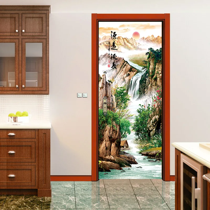 Китайские наклейки на дверь в виде водопада 3D стену украшение дома фон для