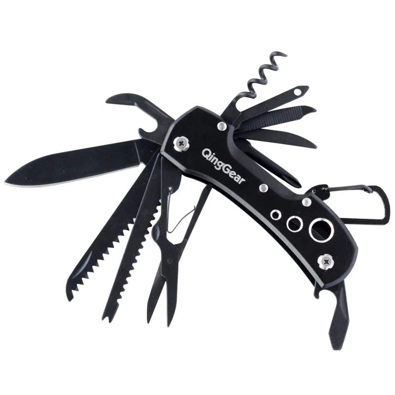 

QingGear Black Pocket Knife 14 Multi-Function Tool For Every Day Use Outdoor Rescue and Survival Compact Pocket Keychain Tool