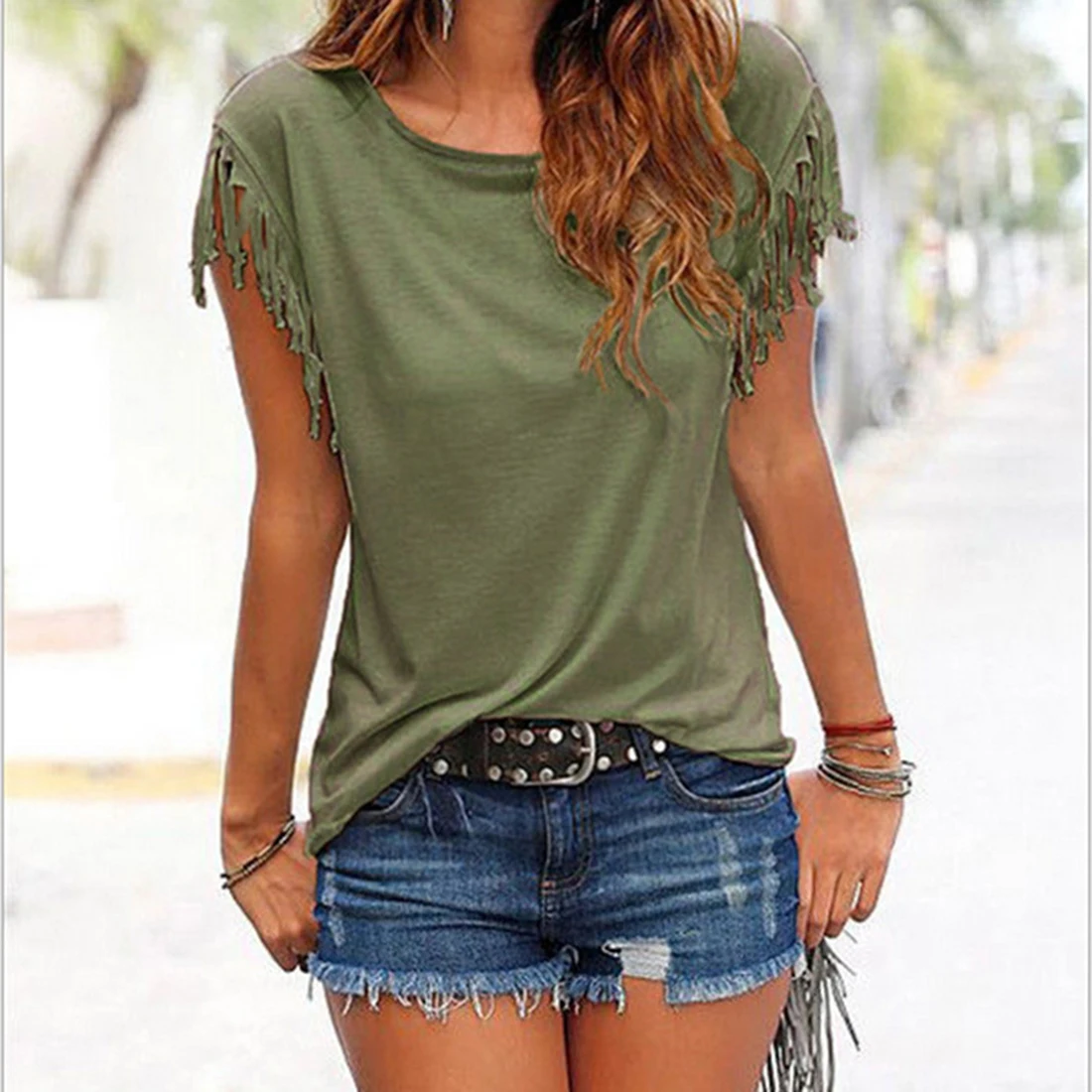 2018 Tassel Sleeve T-Shirt Women Casual Loose Tops Tee Shirt Femme Patchwork Sexy 0-Neck Female T Shirts Office Blusas Mujer | Женская