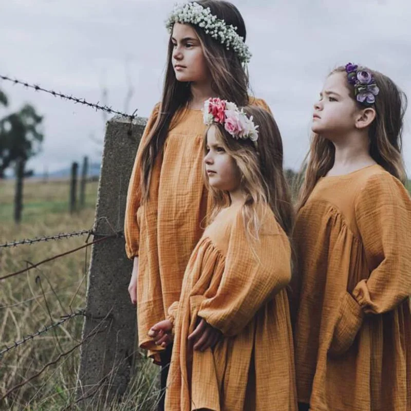Brand Baby Girl Clothes Autumn 2020 Ins Style European&ampAmerica Solid Girls Dress Toddler Kids Casual Linen Princess | Детская одежда