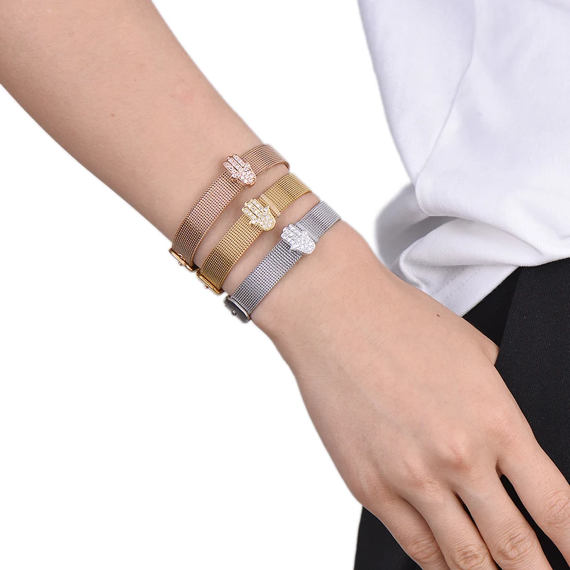 Pipitree Cubic Zirconia Hamsa Hand Bracelet Stainless Steel Mesh Chain Charm Bracelets &amp Bangles for Women Men Fashion Jewelry |