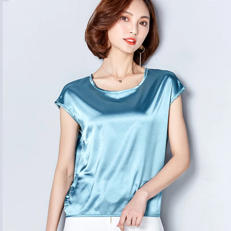 2021 New Silk Blouse Women Tops Fashion Elegant O-neck Short sleeve Solid Shirt Women Blouses Summer Casual Blusas Femininas
