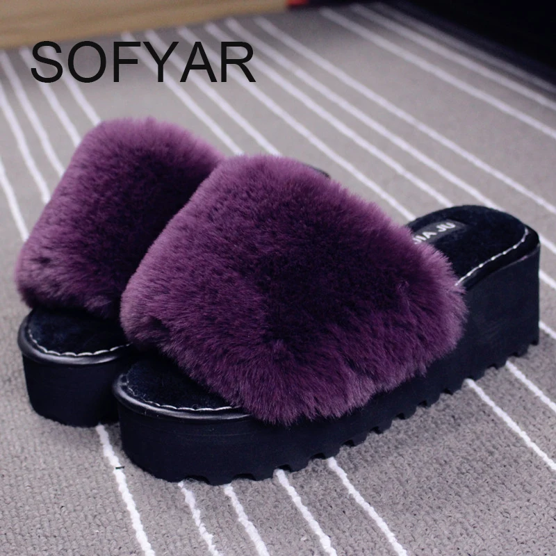 2017 меховые тапочки сезон весна Домашние шлепанцы на высоком каблуке обувь из
