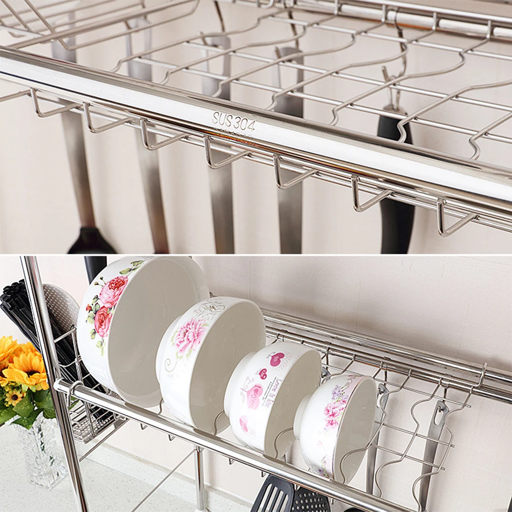 Durable Kitchen Rack 304 Stainless Steel Shelf Single Tier Sink Hanging Hook Dish Bowl Drainer Rustproof Waterproof Shelf