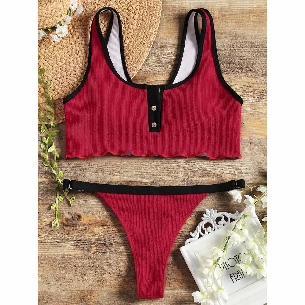 ZAFUL ребристые текстурированные Бикини Набор Купальники для женщин Кнопка ванный