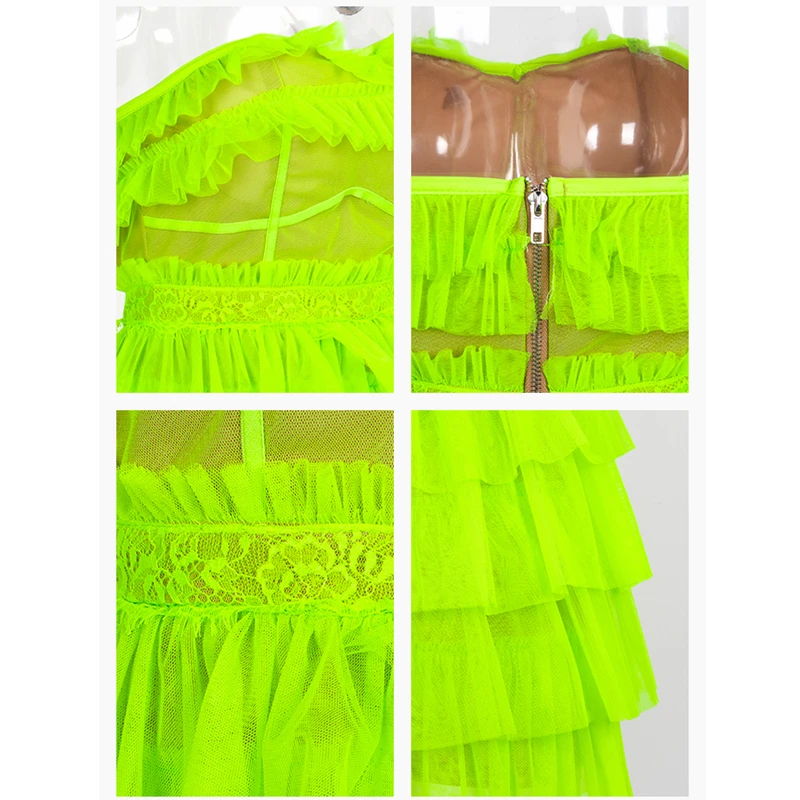 

HOT SALE 2019 Sexy Neon Dress Off the Shoulder Strapless Bright Green Mesh Lace MIni Beach Dress Casual Party Clubwear Vestidos