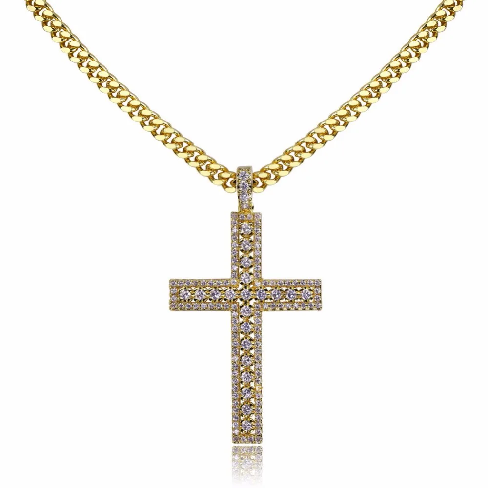 

Hip Hop Bling Ice Out Cross Men Pendant Necklace AAA CZ Pave Hiphop Rapper Jewelry Gold Silver Color with 24 inches cuban chain