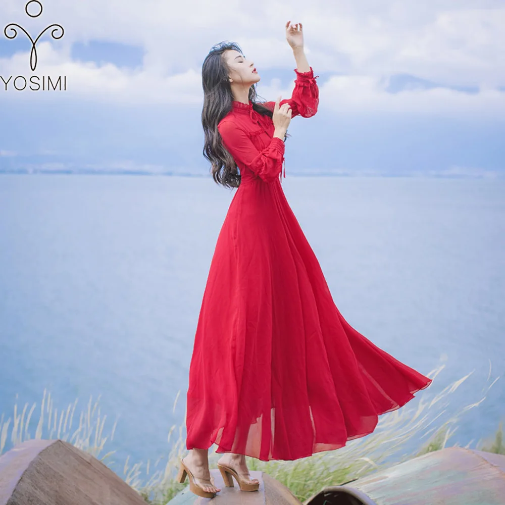 Женское длинное платье YOSIMI красное шифоновое туника до колена с длинным рукавом