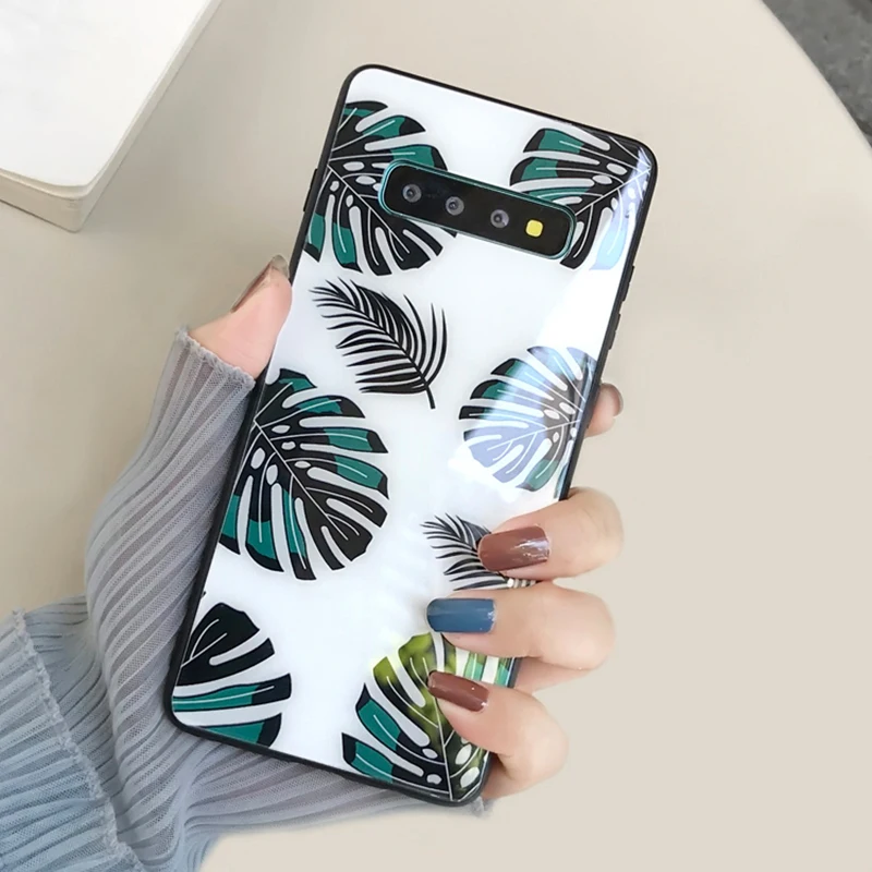 YHBBCASES Cartoon Tempered Glass Cases For Samsung Galaxy S10 S8 S9 Plus Banana Leaf Flamingo Phone Cover Note 8 9 | Мобильные