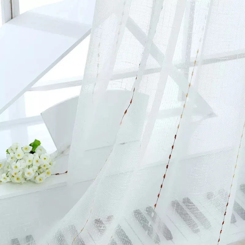 ICECUR Linen Fabric Stripes Embroidered Tulle Curtains for Living Room Kitchen Simple Modern Curtain Window Blinds Voile Drapes | Дом и сад