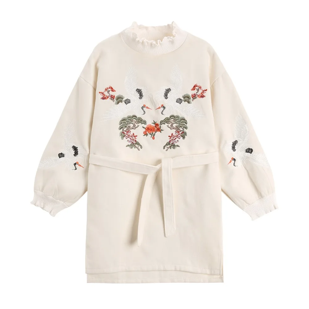 Осень-зима корейский стиль Crane Embroidery утолщение свободные пуловер с длинными