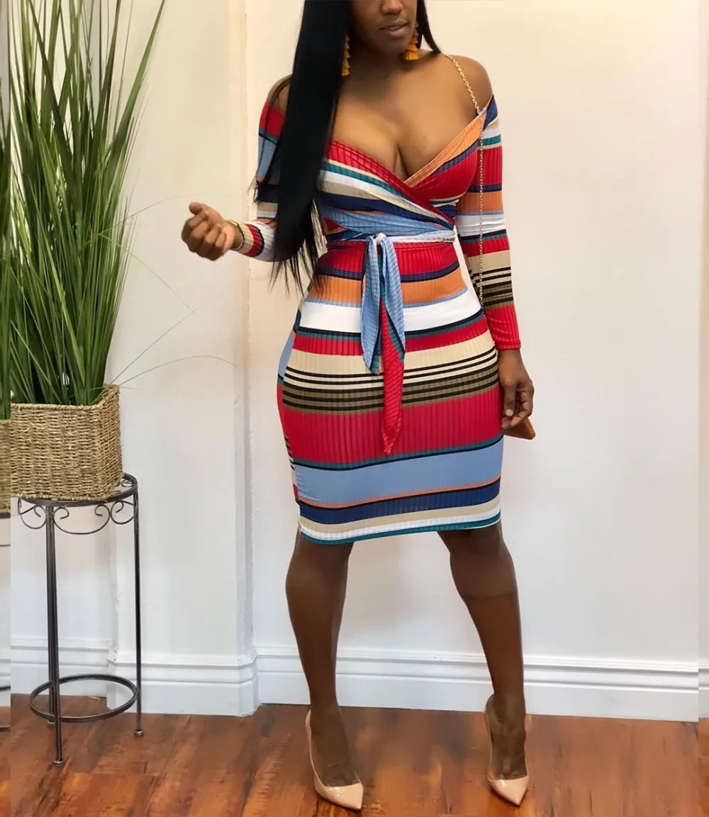 2019 для женщин пикантные Новая мода весна Vestidos полосатый Платья дамы Bodycon бинты