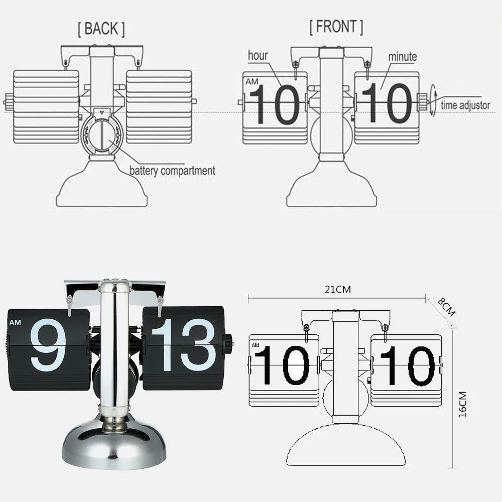 

Stainless Steel Flip Internal Gear Operated Quartz Clock Small Scale Table Clock Retro Flip Over Clock Home Office Desk Decor