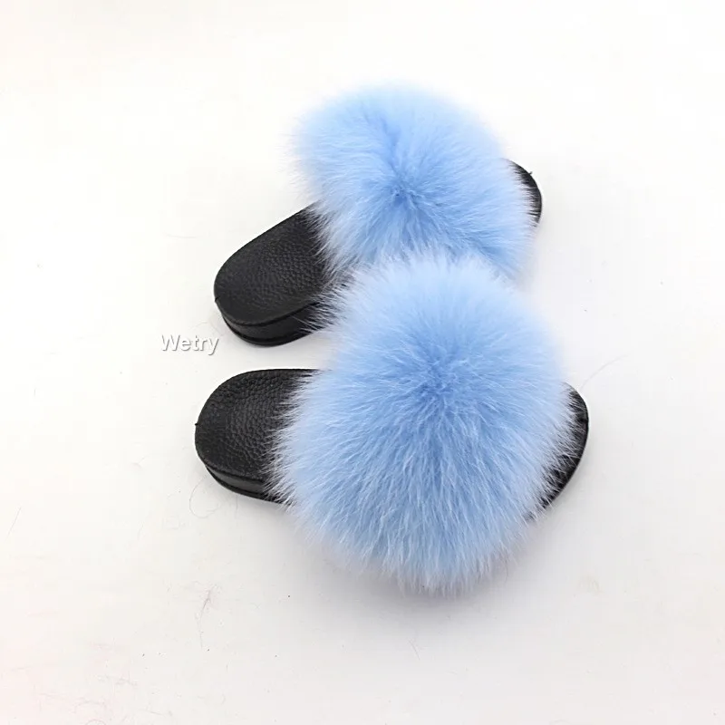 Sky Blue Детские меховые шлепанцы; меховые домашние тапочки; пушистые шлепанцы; домашние летние сандалии на плоской подошве; Вьетнамки; брендовая Роскошная обувь для девочек; коллекция года; размеры 24-35 - Цвет: Sky Blue