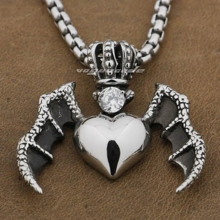 

316L Stainless Steel Devil Wing Crown Heart Pendant White CZ Stone Mens Biker Punk Style 6K009 Steel Necklace 24 inches