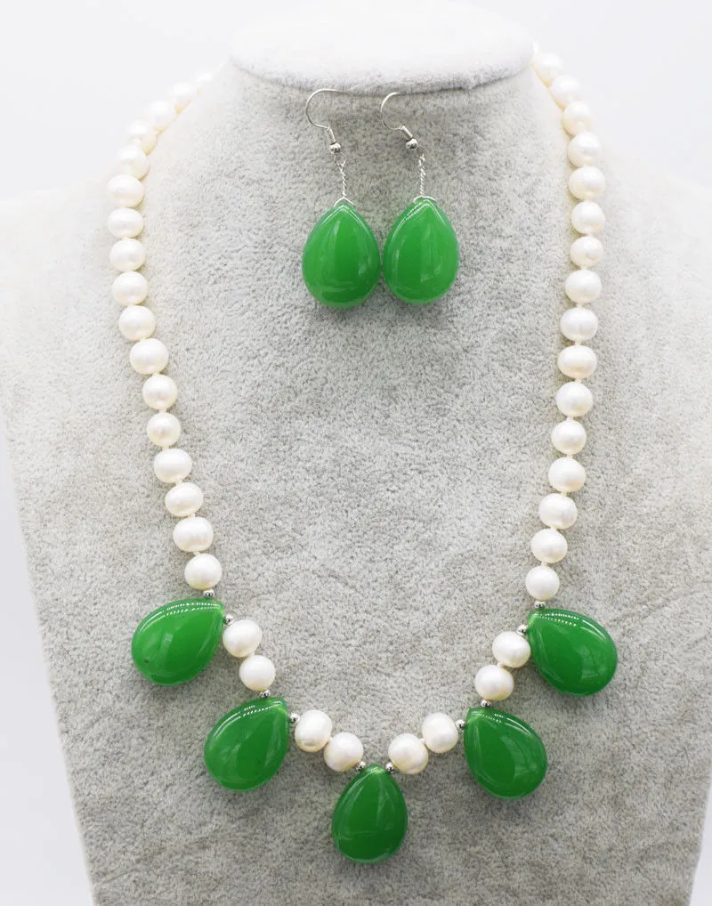 freshwater pearl round 8-9mm &ampgreen jade drop earrings necklace 18&quot wholesale | Украшения и аксессуары