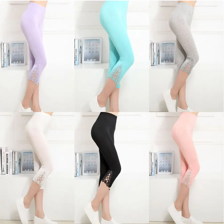 

Womens Crop 3/4 Length Leggings Clothes Capri Cropped Lace Summer Modal High Quality Lace Pants Crochet Skinny Stretch Cropped