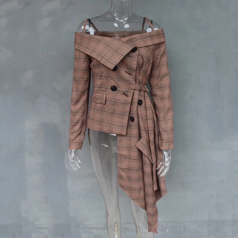 ZEERO Off Shoulder Plaid Blazer Female Jacket Slash Neck Long Sleeve Irregular Hem Plus Size Women's Coats Spring Autumn Fashion | Женская
