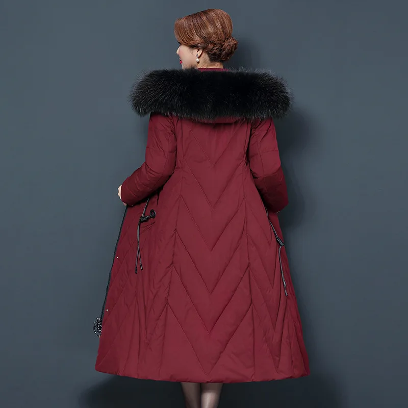 Женский пуховик длинное пальто с воротником из лисьего меха парка на утином пуху