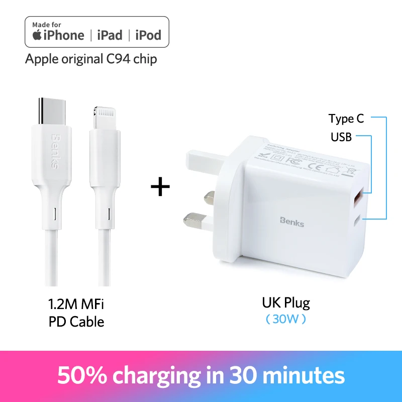 1.2M UK Plug Benks MFi PD кабель type C для Apple порт быстрая зарядка кабель для iPhone X/Xs/Xr/8 Plus PD адаптер питания USB C кабель для iPad Pro - Цвет: 1.2M UK Plug
