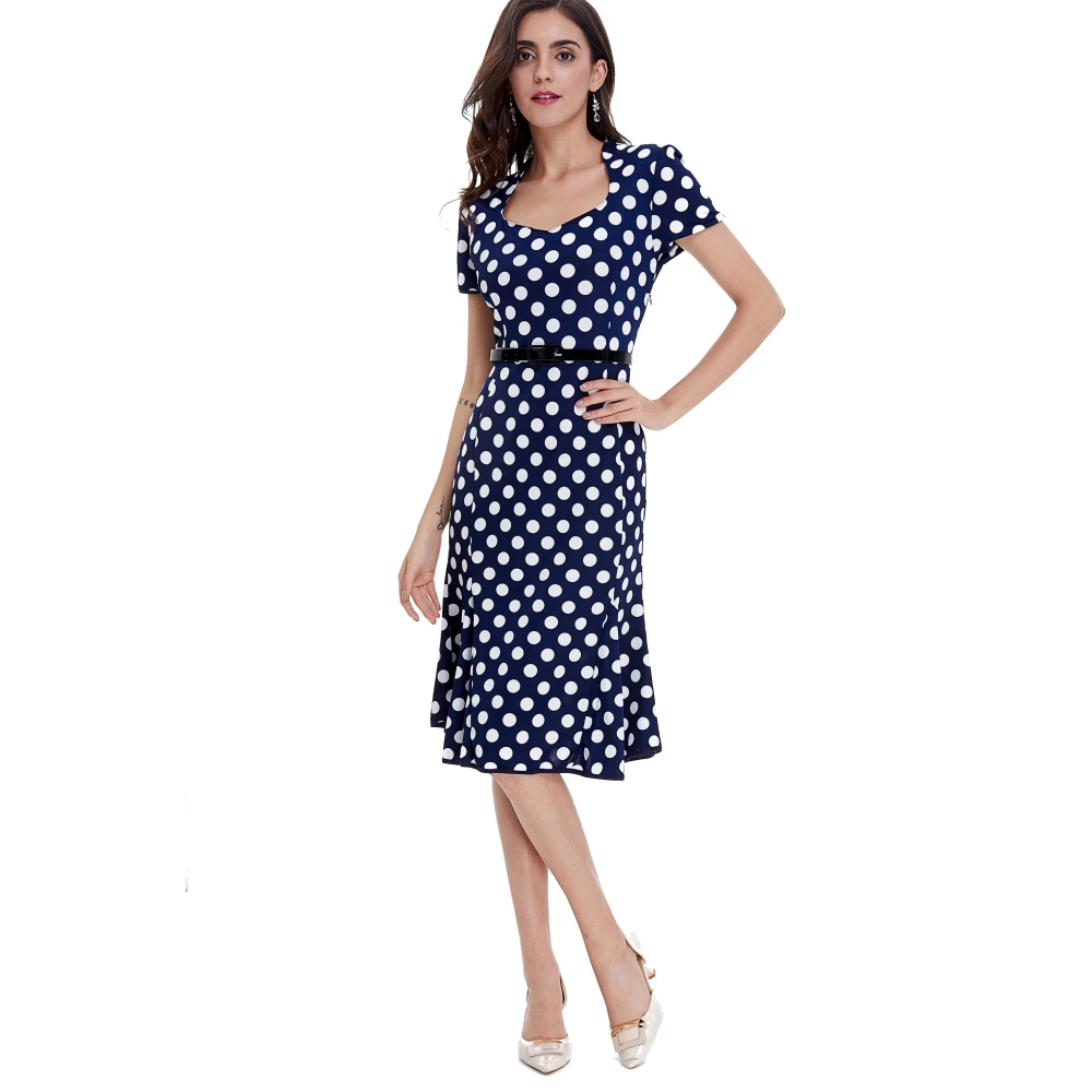 FD3561 Lady's Polka Dot Print Mermaid Tail Pencil Dress Vestidos Robe Short Puff Sleeve Slim Waist with Belt Retro Midi Dresses | Женская