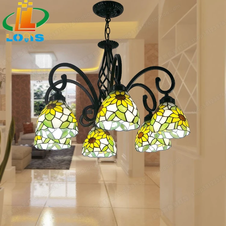 Люстры из стекла Тиффани с 6 подсолнухами свежие желтые осветительные приборы