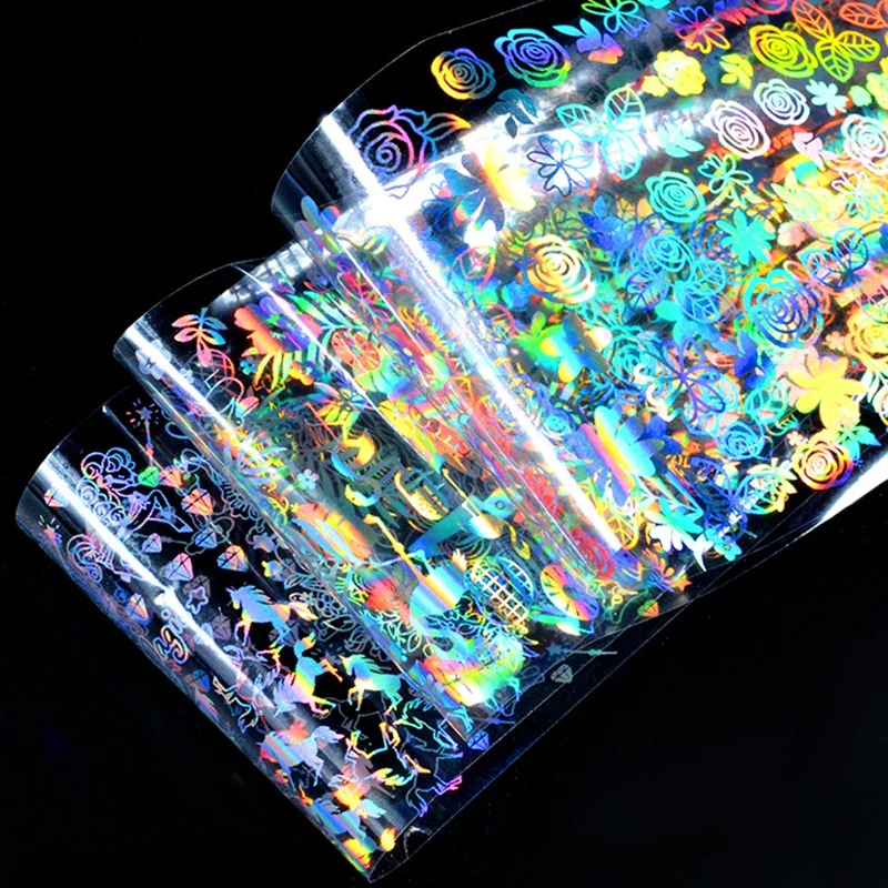 8 sheets Laser Nail Foils Holo Colorful Feather Snow Flower tattoo full Cover Transfer Art Sticker Glue Decals DIY tips set | Красота и