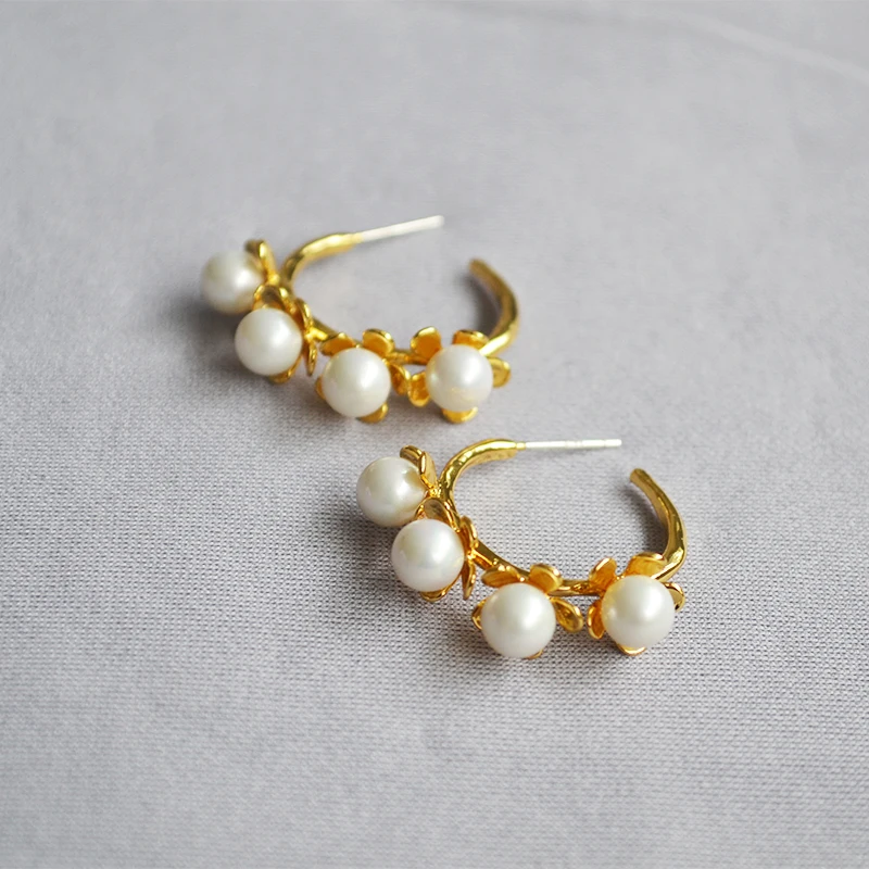 French crowd original gold bloom flowers inlaid Pearl goddess temperament fashion matching earrings | Украшения и аксессуары