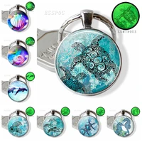 sea turtle seashells dolphin key chain animal keychain luminous glass cabochon jewelry pendant fashion accessories souvenir gift
