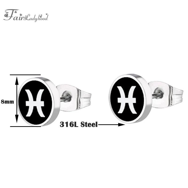 FairLadyHood 8mm 1 Pai Punk Simple Stainless Steel Earrings Men Women Couple Twelve Constellation Stud Aretes | Украшения и