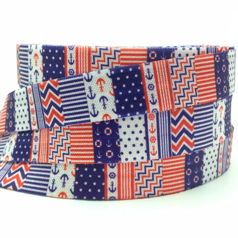 

New Arrival 5/8" Chevron Dot Anchor Stripe Print Fold Over Elastic 10yards/lot FOE Ribbon for DIY Head wear Hair Accessories