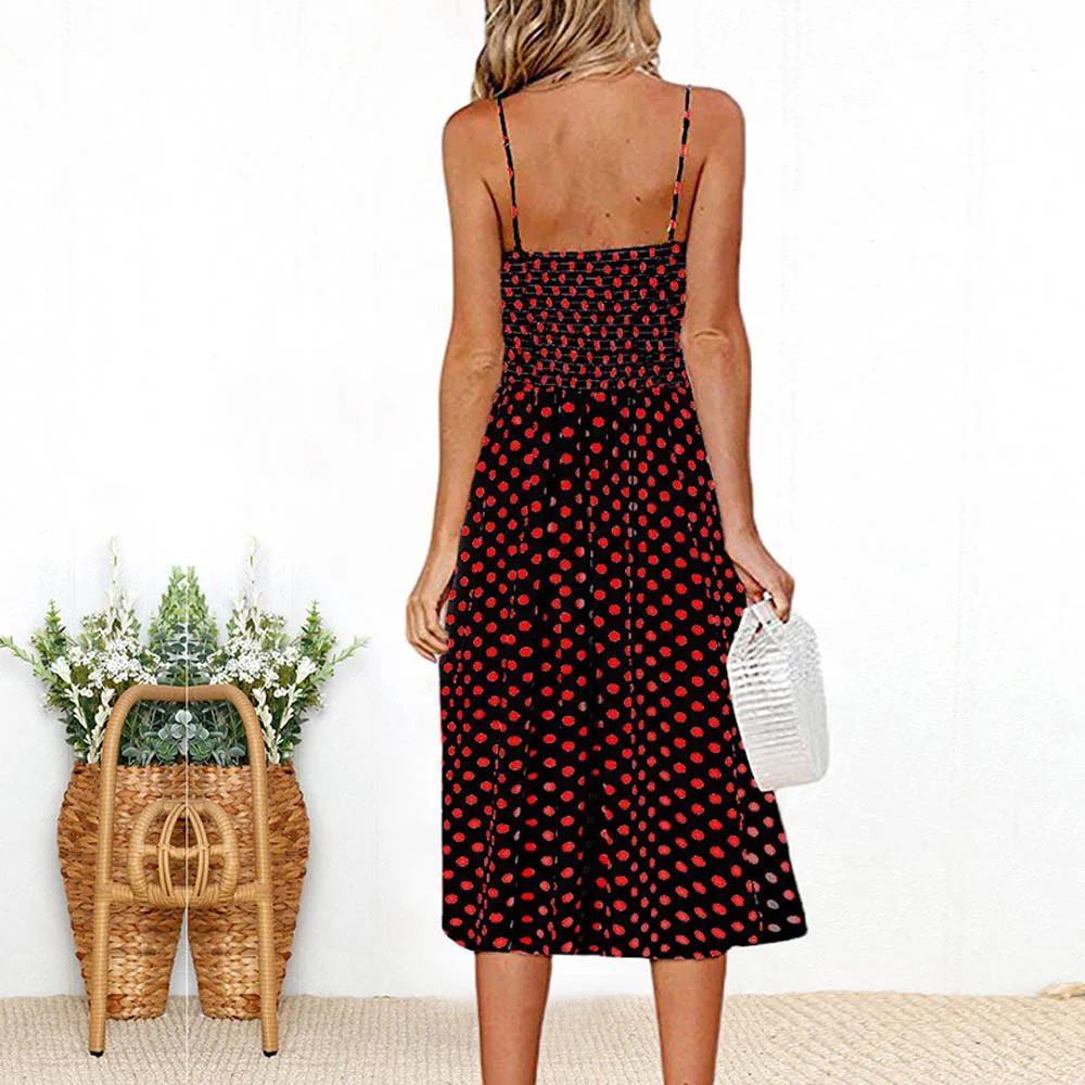 Fashion Womens Polka Dot Print Backless Sundress Button Chiffon Camis Long DressPolka Printed Sling Buttoned Open Back Dress | Женская