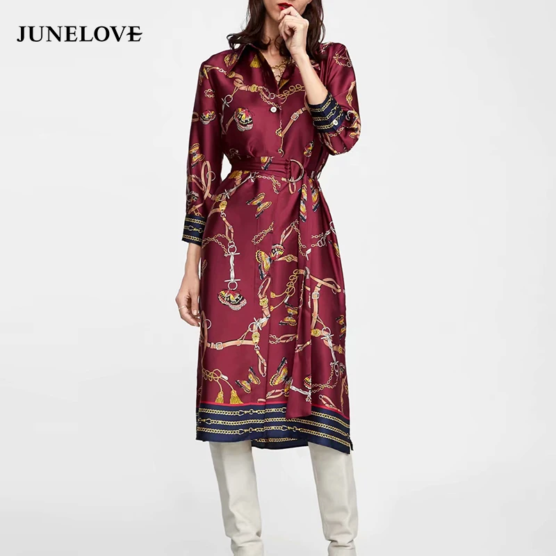 JuneLove женское весеннее длинное платье с длинным рукавом и поясом винтажное