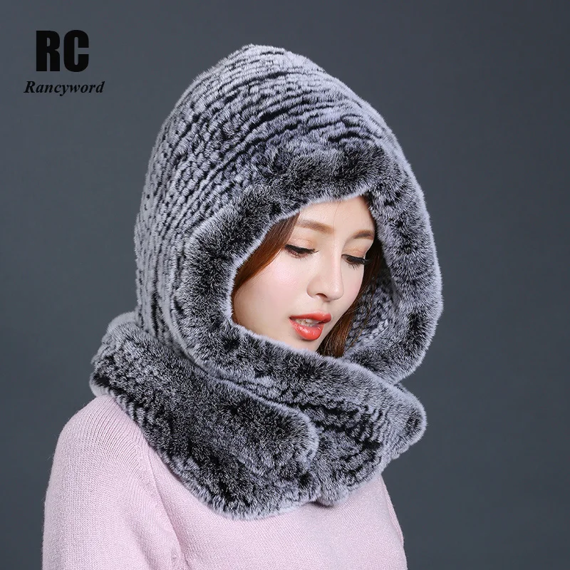 

[Rancyword] Hat Women 2020 New Knitted Real Rex Rabbit Fur Hat Hooded Scarf Winter Warm Natural Fur Hat With Neck Scarves RC1319