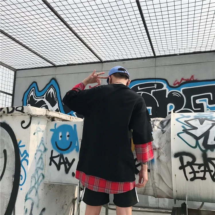 LAPPSTER летняя желтая клетчатая уличная футболка поддельные две части Harajuku Лоскутные футболки мужские Забавные футболки с длинным рукавом