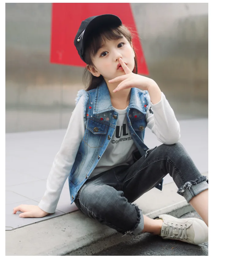 Spring and Autumn Cool Children's Wear Cotton Children Denim Vest Jacket Beads Cartoon Pattern Embroidered Lapel Jacket4-7Y | Детская