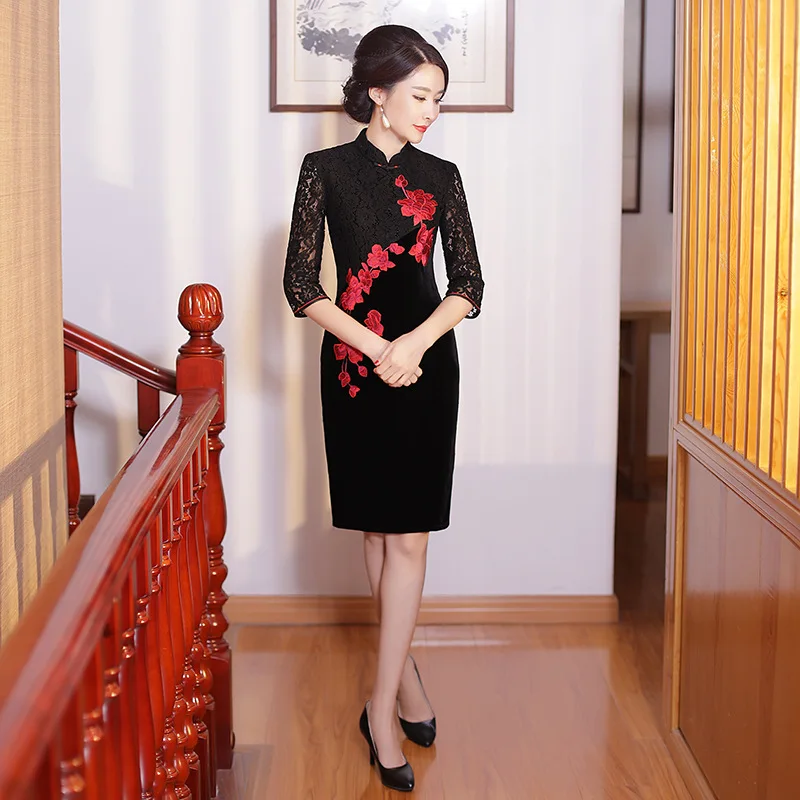 Китайское мини платье женское кружевное Ципао размера M до 3XL|lace cheongsam|dress cheongsammini