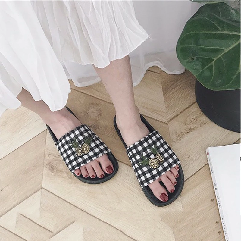 Summer Slippers Women Pineapple Cute Korean Style Fabric Simple Plaid Flat Slipper Ladies Non-slip Shoes Womens All-match Chic | Обувь