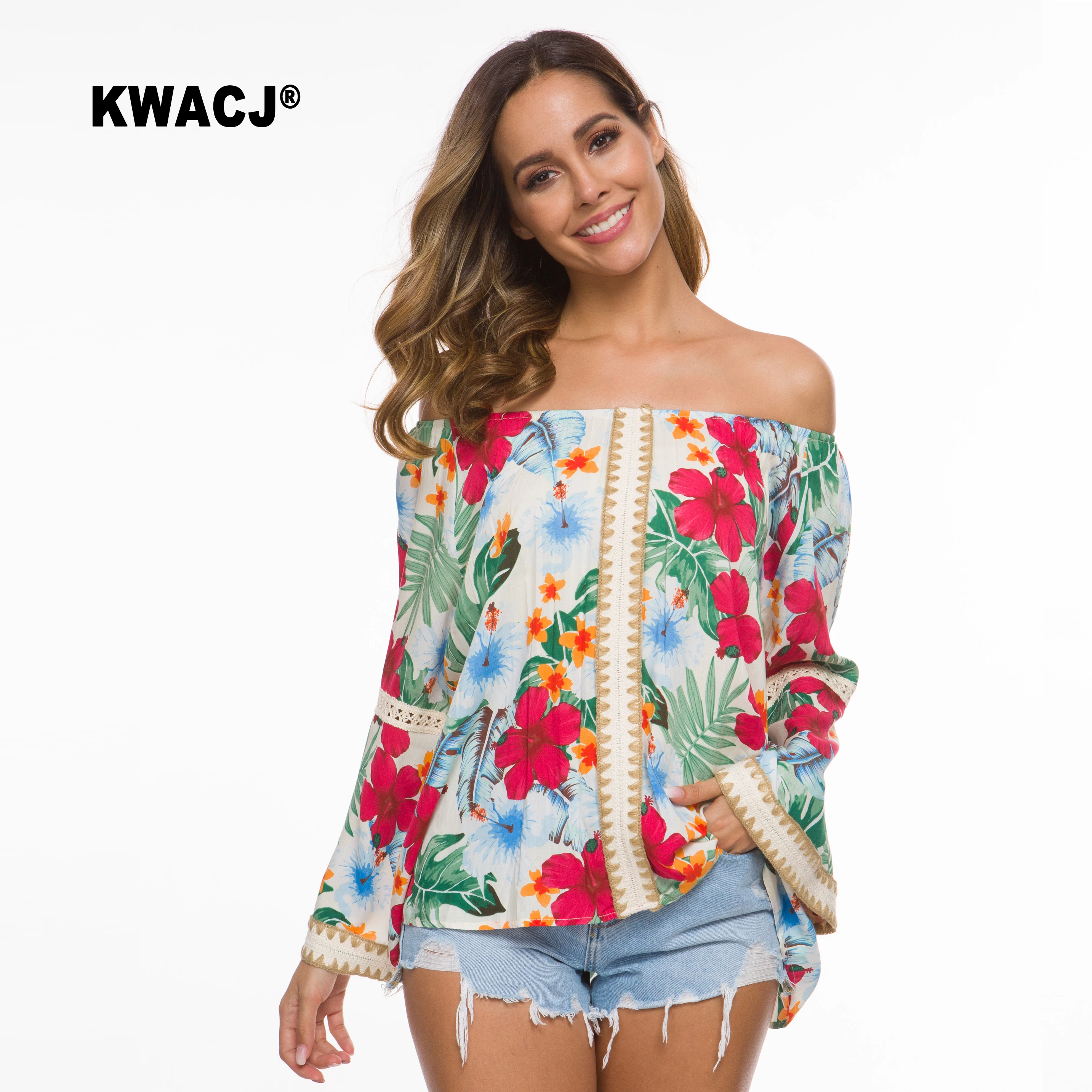 KWACJ топ с открытыми плечами Blusas цветочный принт Boho одежда длинный рукав-клеш