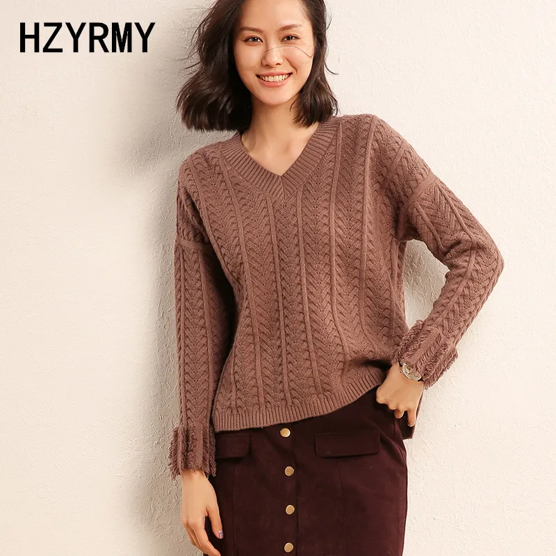 HZYRMY Autumn New High Quality Women's Wool Knit Pullover Large size V-neck Winter Solid Warm Wild Shirt Short Female Sweater | Женская