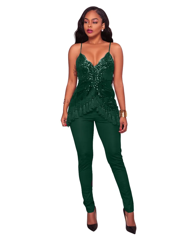 Женский Блестящий Комбинезон с V образным вырезом и открытой спиной|sequined jumpsuit and